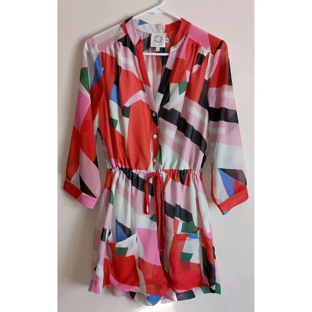 Lili Sidonio Geometric Print Drawstring Waist‎ Romper Pockets Size S - Picture 3 of 13